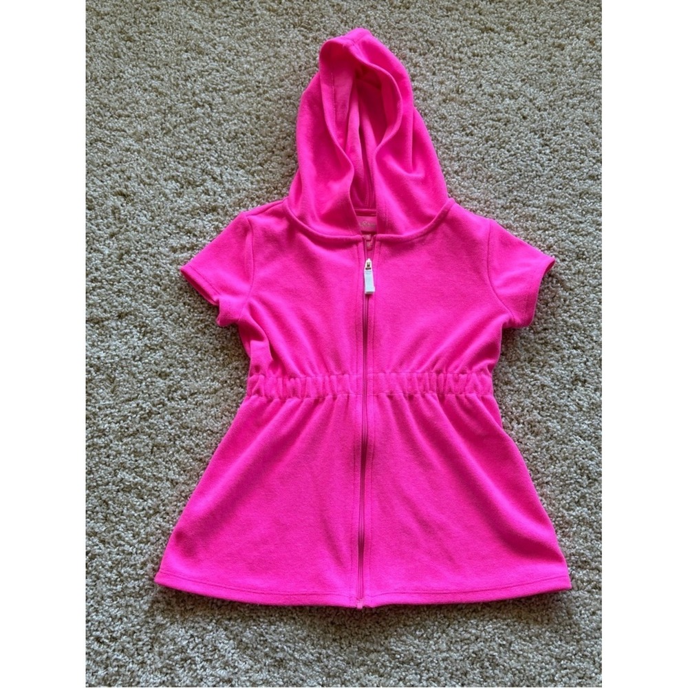 Lilly Pulitzer Girls Pink Terry Cloth Swim Cover Up Dress Hooded Zip XS 2-3